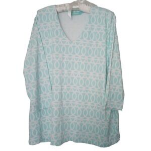 Anthony's Resort Wear 1X Aqua Geo Print UPF50 V Neck Coastal Top Rash Guard